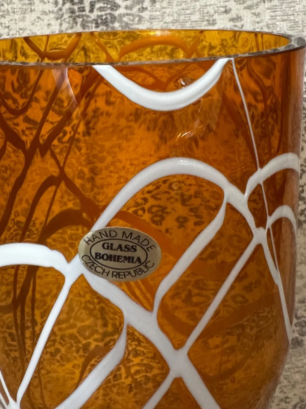 Hand Made Czech Republic Glass Bohemia Amber Vase w/White Abstract Lines
